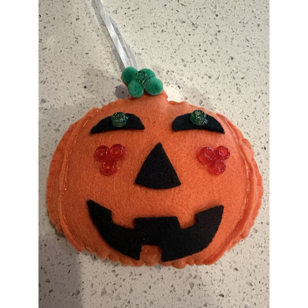 Primitive Handmade Felt Jack-O-Lantern Pumpkin Halloween Ornament 5.5" D Beaded